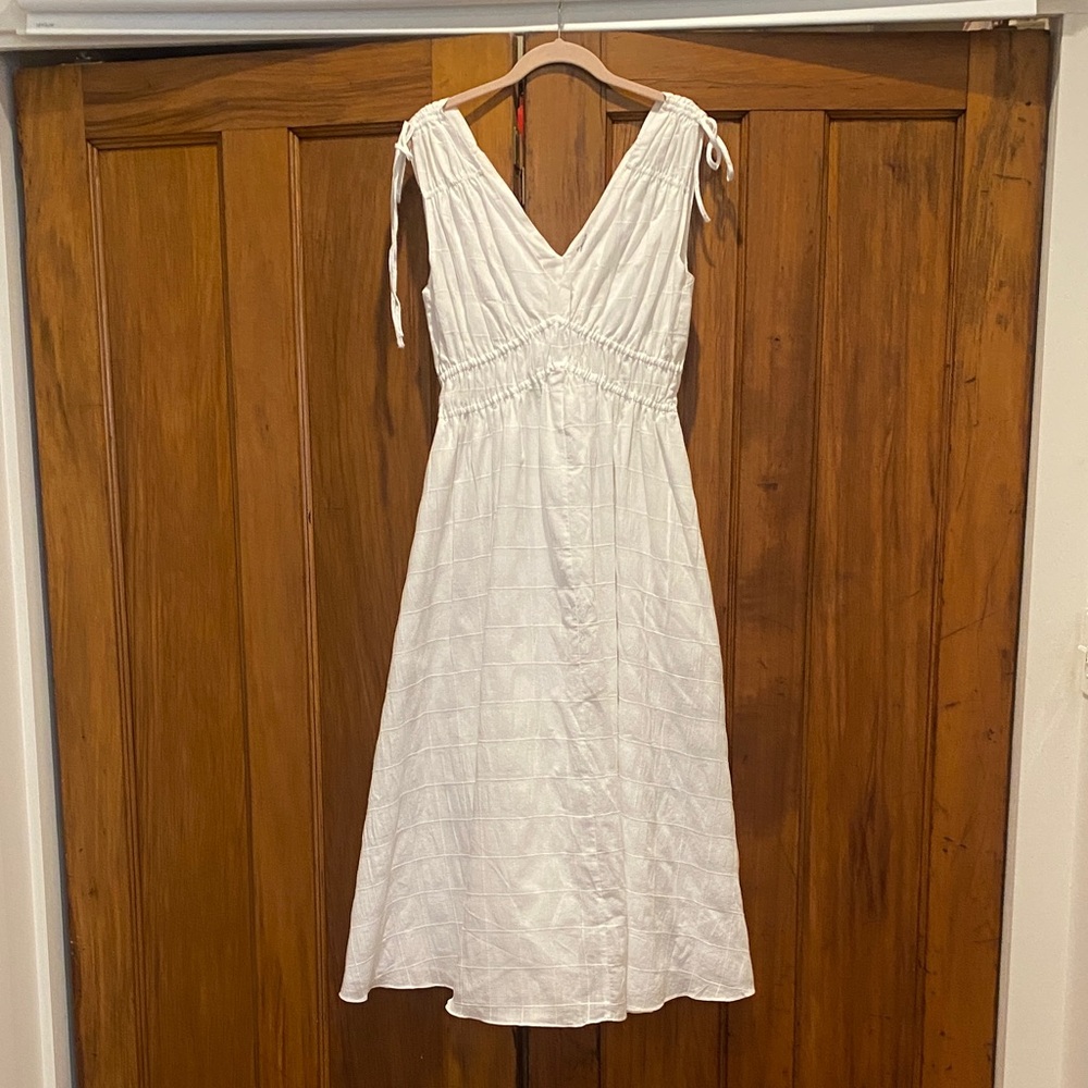 Madewell White V-Neck Midi Dress with Tie Shoulders and pockets